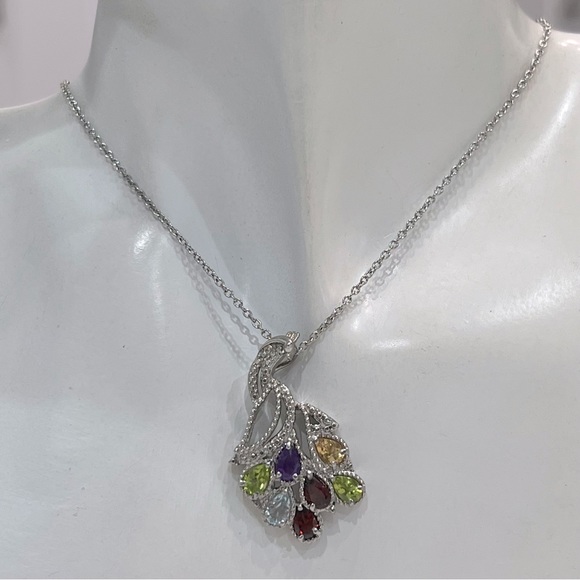 Multigemstone Silver Peacock Pendant 20” Necklace - Picture 2 of 10